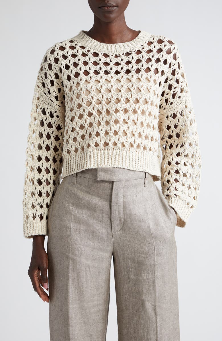 Brunello Cucinelli Openwork Jute Blend Crewneck Sweater, Main, color,