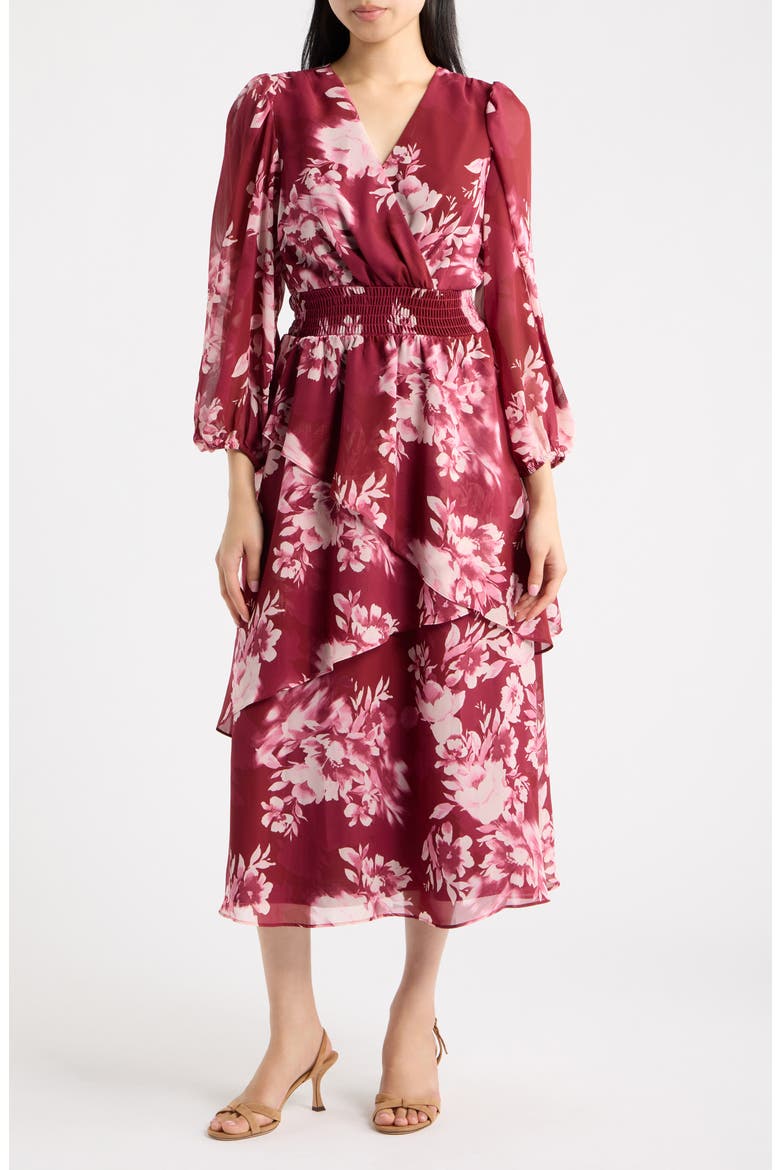 Tiered Ruffle Midi Dress, Main, color, NEW BURGANDY MULTI