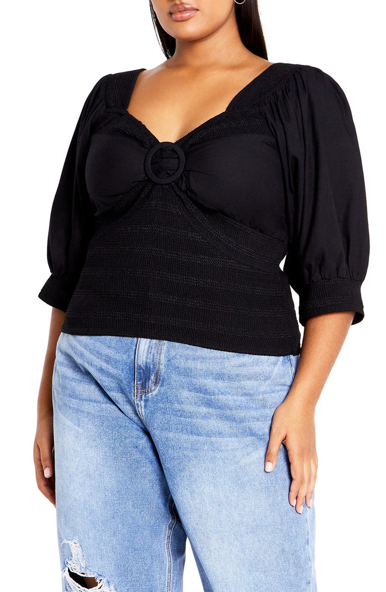 City Chic Alejandra Smocked Crop Top, Main, color, Black