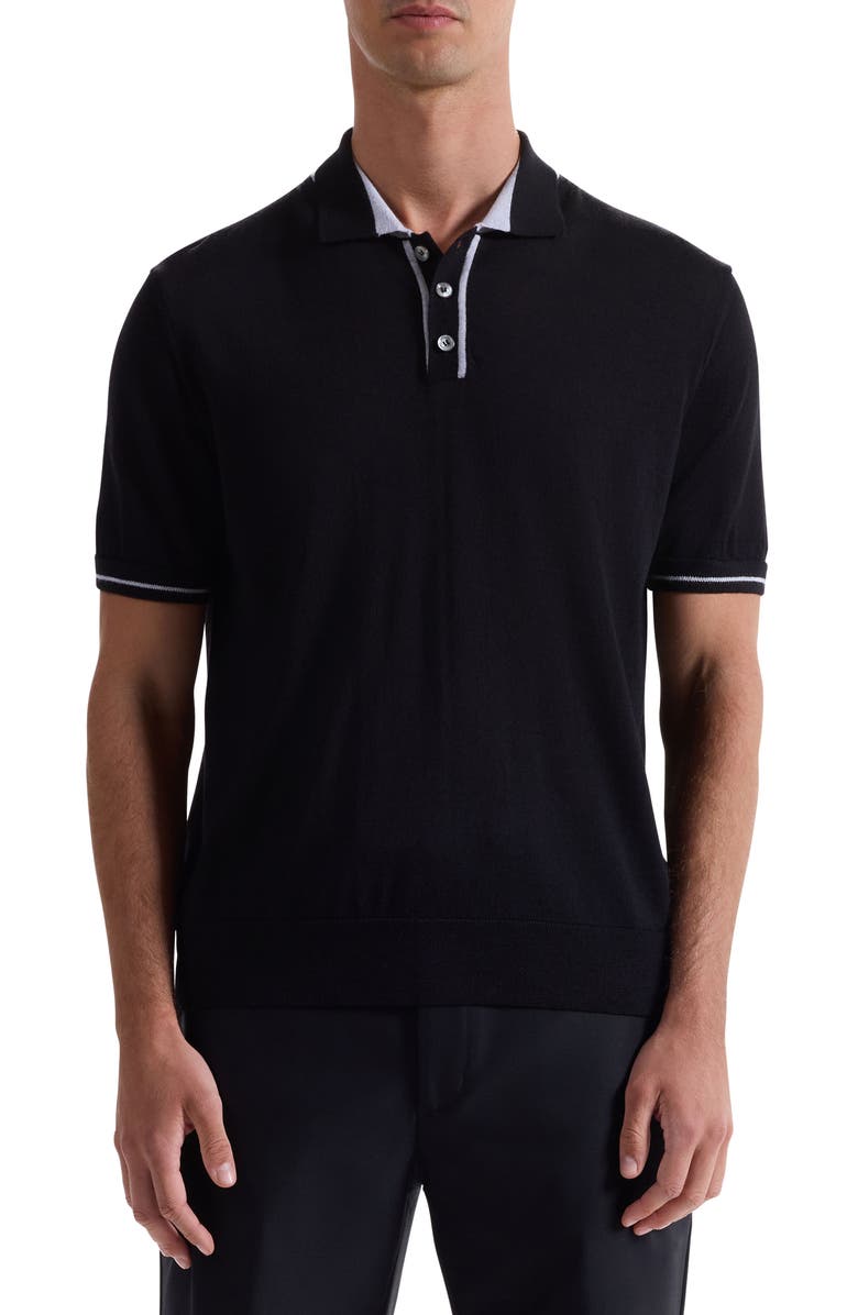 Bugatchi Tipped Merino Wool & Silk Polo Sweater, Main, color, Black