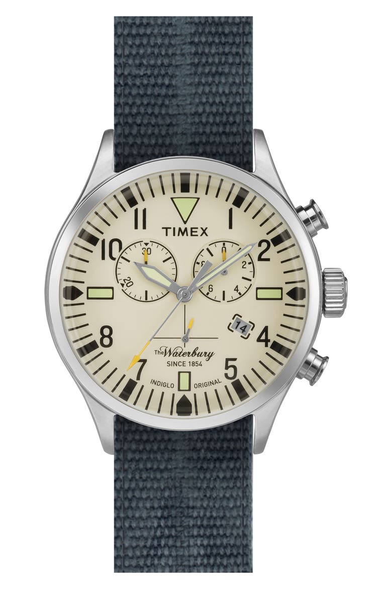 Waterbury Chronograph Fabric Strap Watch, 42mm, Main, color, CREAM/ AVIO BLUE