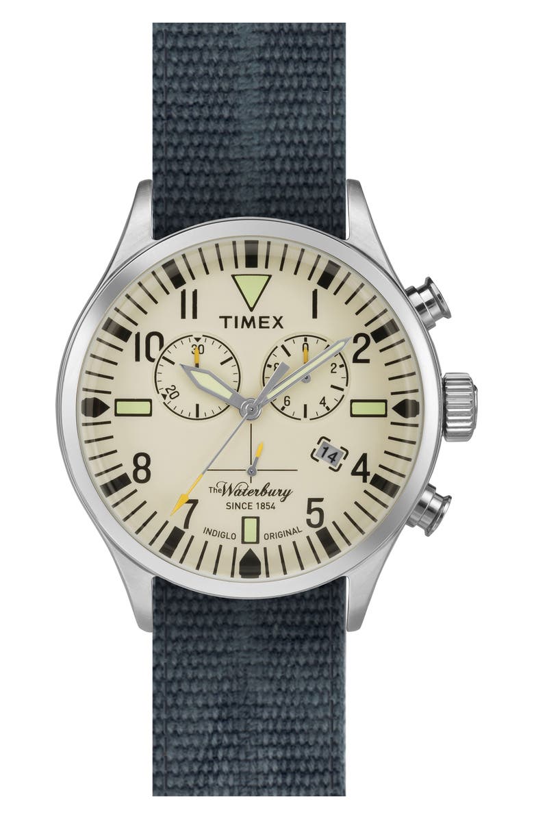 Timex<sup>®</sup> ARCHIVE Waterbury Chronograph Fabric Strap Watch, 42mm, Main, color, 