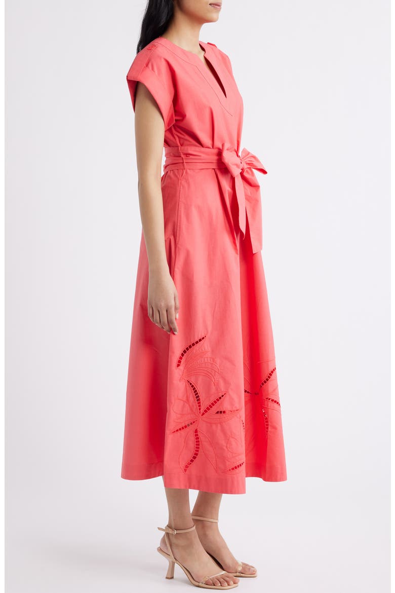 Ladder Stitch Embroidered Tie Belt Cotton Poplin Midi Dress, Alternate, color, CORAL