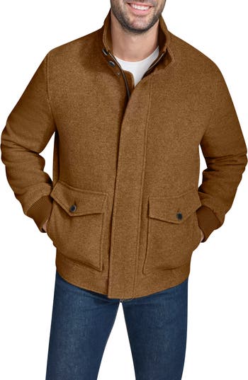 Cole Haan Signature Stand Collar Wool Blend Bomber Jacket In Brown
