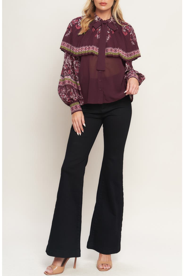 Pleated Cape Tie Neck Shirt, Alternate, color, BURGUNDY
