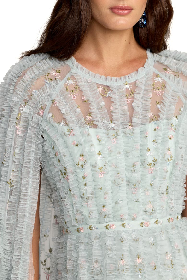 Embroidered Cape Sleeve Ruffle Detail Tulle Gown, Alternate, color, Seafoam Multi