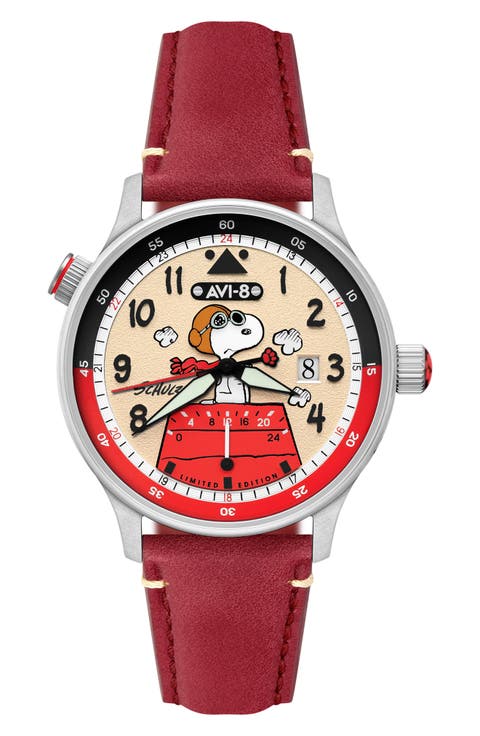 x Peanuts™ Hawker Hurricane McKellar Snoopy Flying Ace Dual Time Leather Strap Watch, 43.5mm