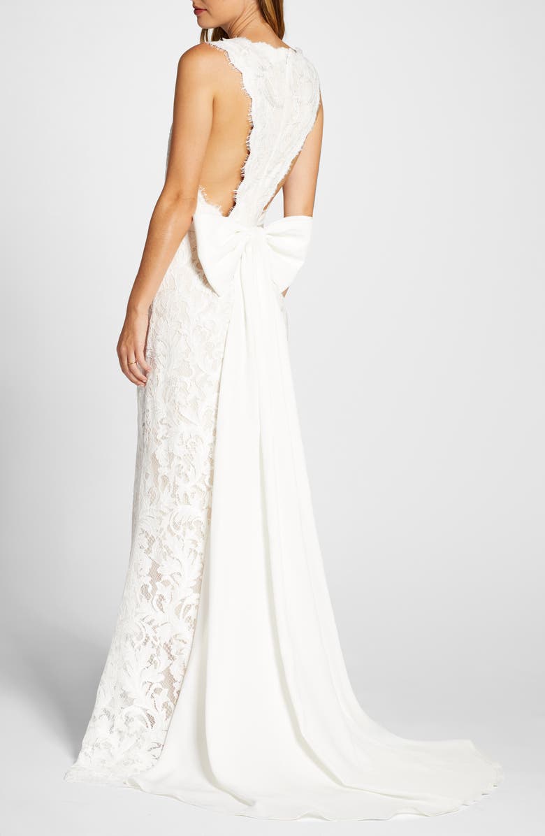 Tadashi Shoji Deep V-Neck Lace Trumpet Wedding Dress, Alternate, color,