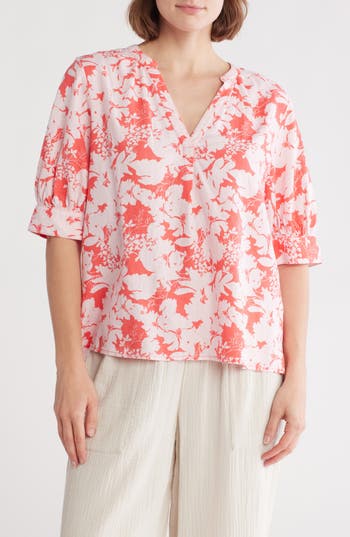 CASLON CASLON® FLORAL ELBOW SLEEVE LINEN BLEND POPOVER TOP