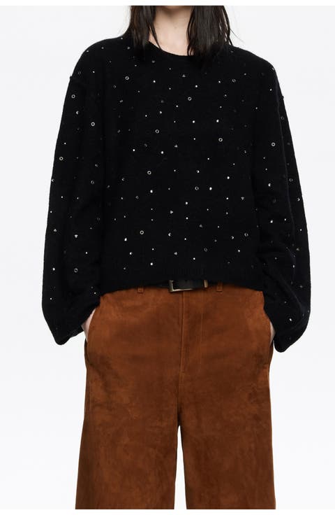 Rhinestone Wool Boxy Sweater