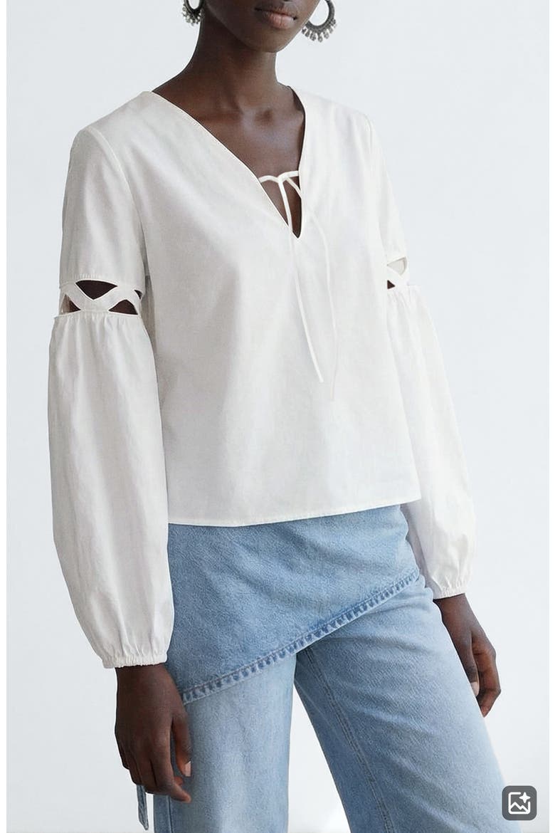 Tie Neck Cutout Poplin Top, Main, color, OFF WHITE
