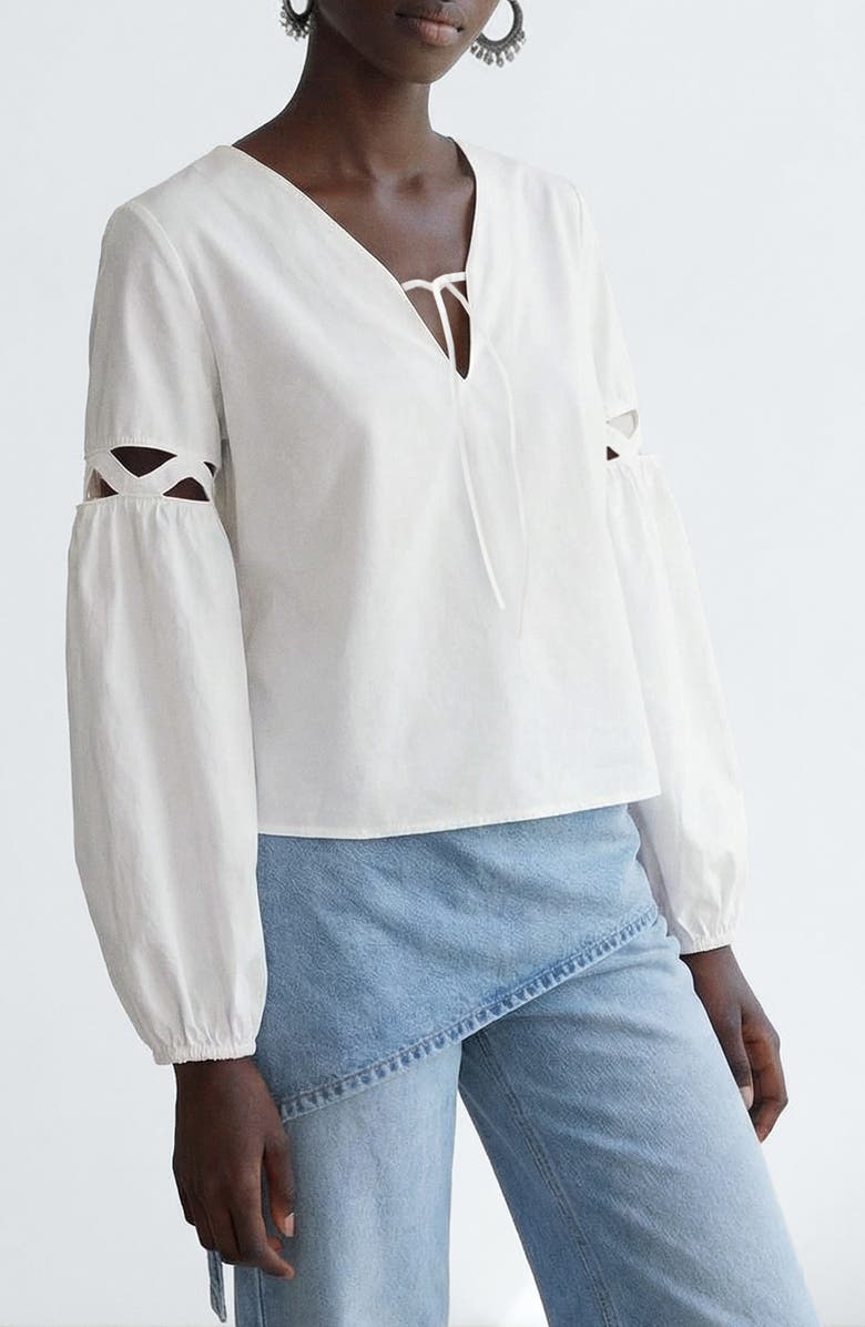 MANGO TEEN Tie Neck Cutout Poplin Top, Main, color, 