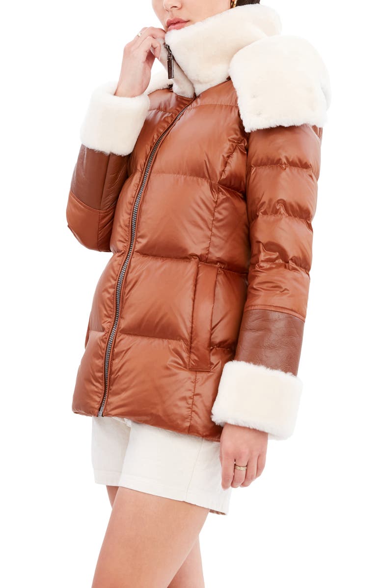 Dawn Levy Puffer Jacket with Genuine Shearling Trim, Alternate, color, Cognac