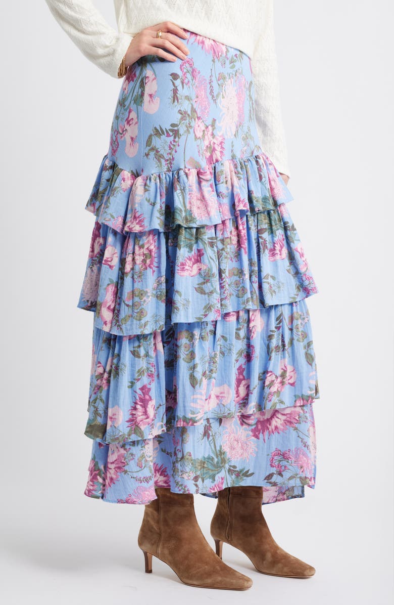 Treasure & Bond Floral Tiered Ruffle Maxi Skirt, Alternate, color, Blue Garden Floral