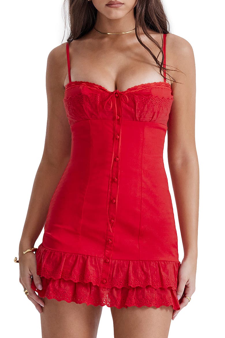 Luci Eyelet Button-Up Cotton Blend Cocktail Dress, Main, color, RED ROSE