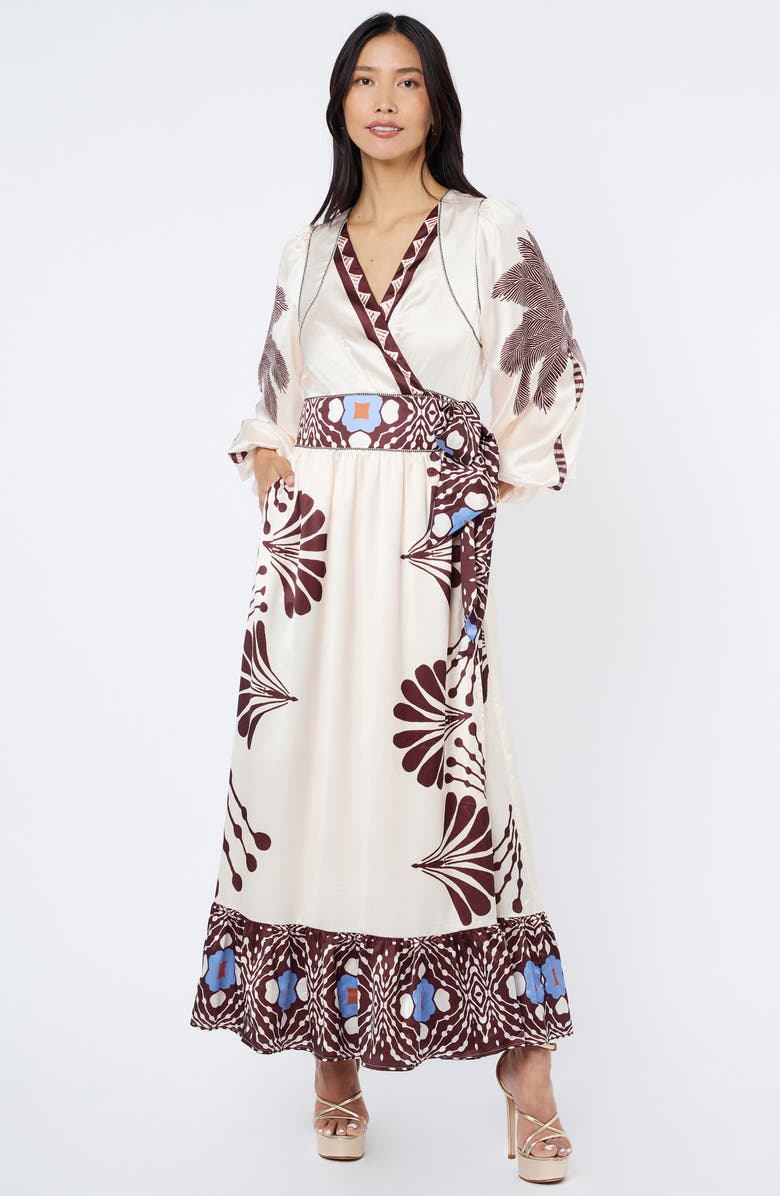 CIEBON Willow Print Long Sleeve Satin Maxi Dress, Alternate, color, Cream Multi