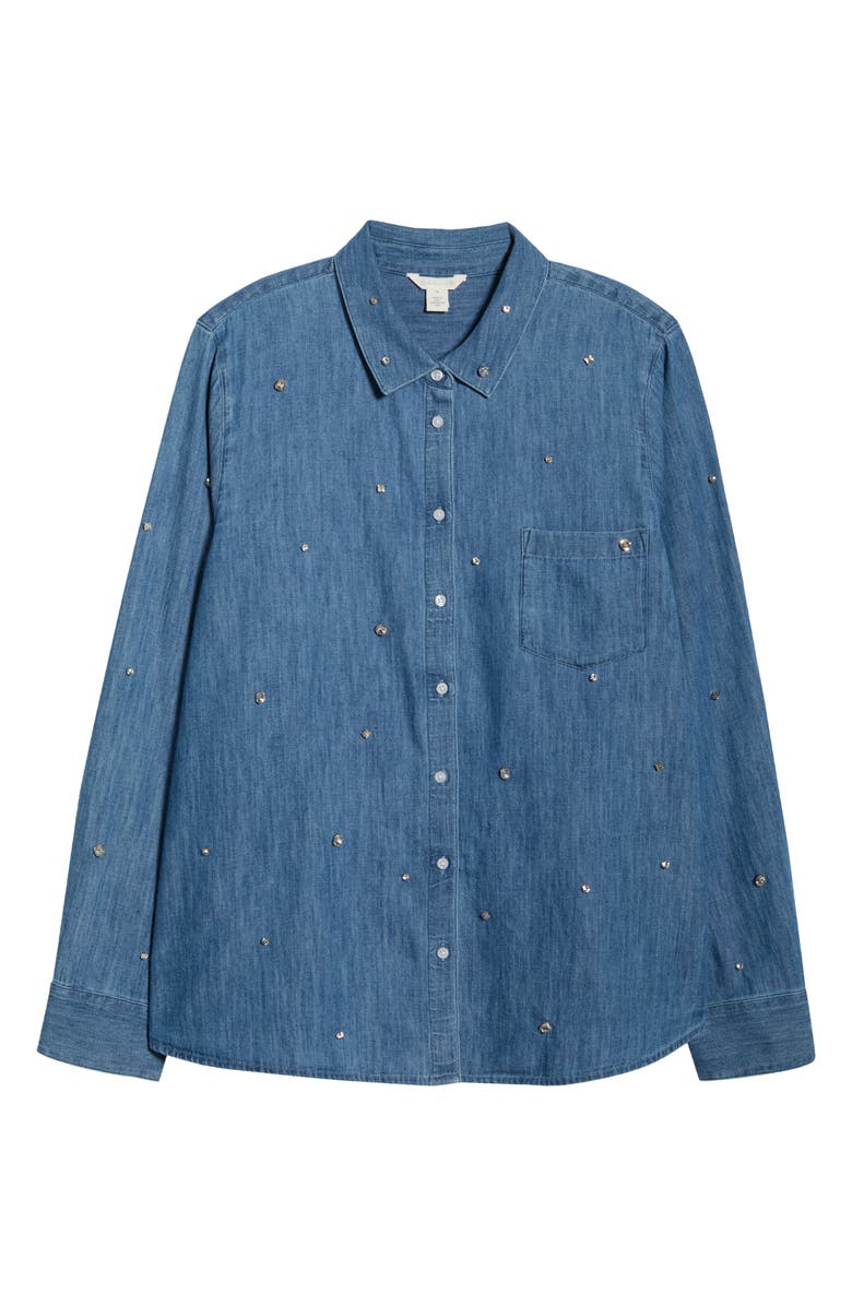 Caslon<sup>®</sup> Crystal Embellished Chambray Button Front Shirt, Alternate, color, Medium Wash