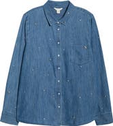 Caslon® Crystal Embellished Chambray Button Front Shirt