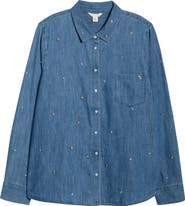Caslon® Crystal Embellished Chambray Button Front Shirt