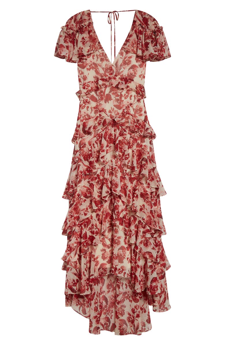 Cinq à Sept Tatum Floral Ribbons Ruffle Maxi Dress, Alternate, color, Cherry Rose Multi