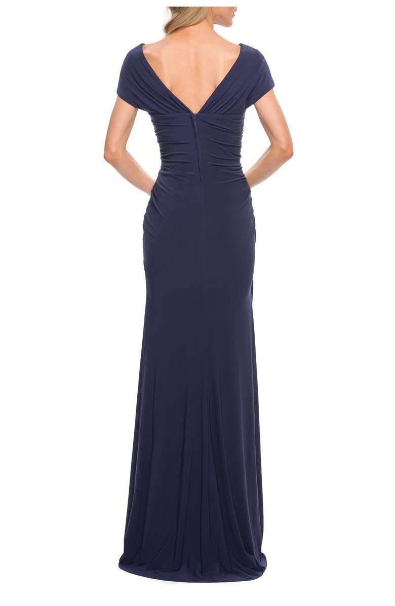 La Femme Versatile Jersey Long Evening Dress with Short Sleeve, Alternate, color, Navy