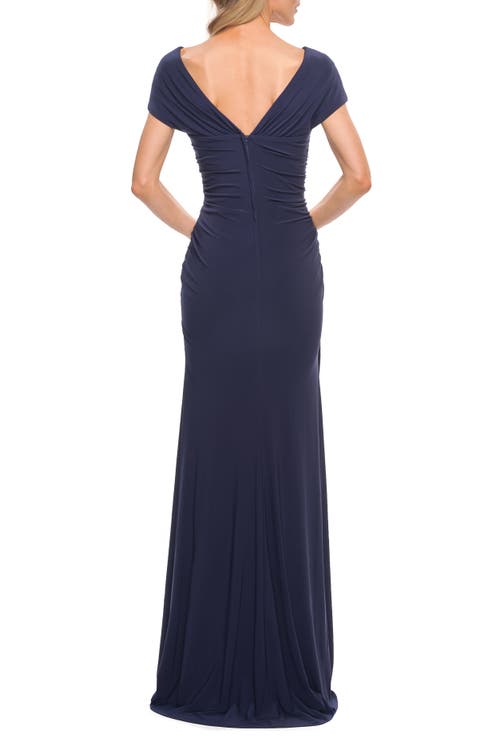 LA FEMME LA FEMME VERSATILE JERSEY LONG EVENING DRESS WITH SHORT SLEEVE
