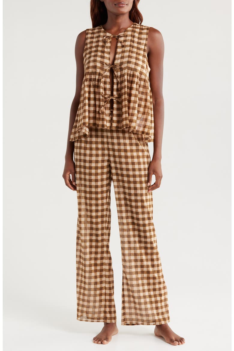 Pleat Cotton Sleeveless Pajamas, Main, color, GINGHAM 50'S VOILE BROWN/CREAM