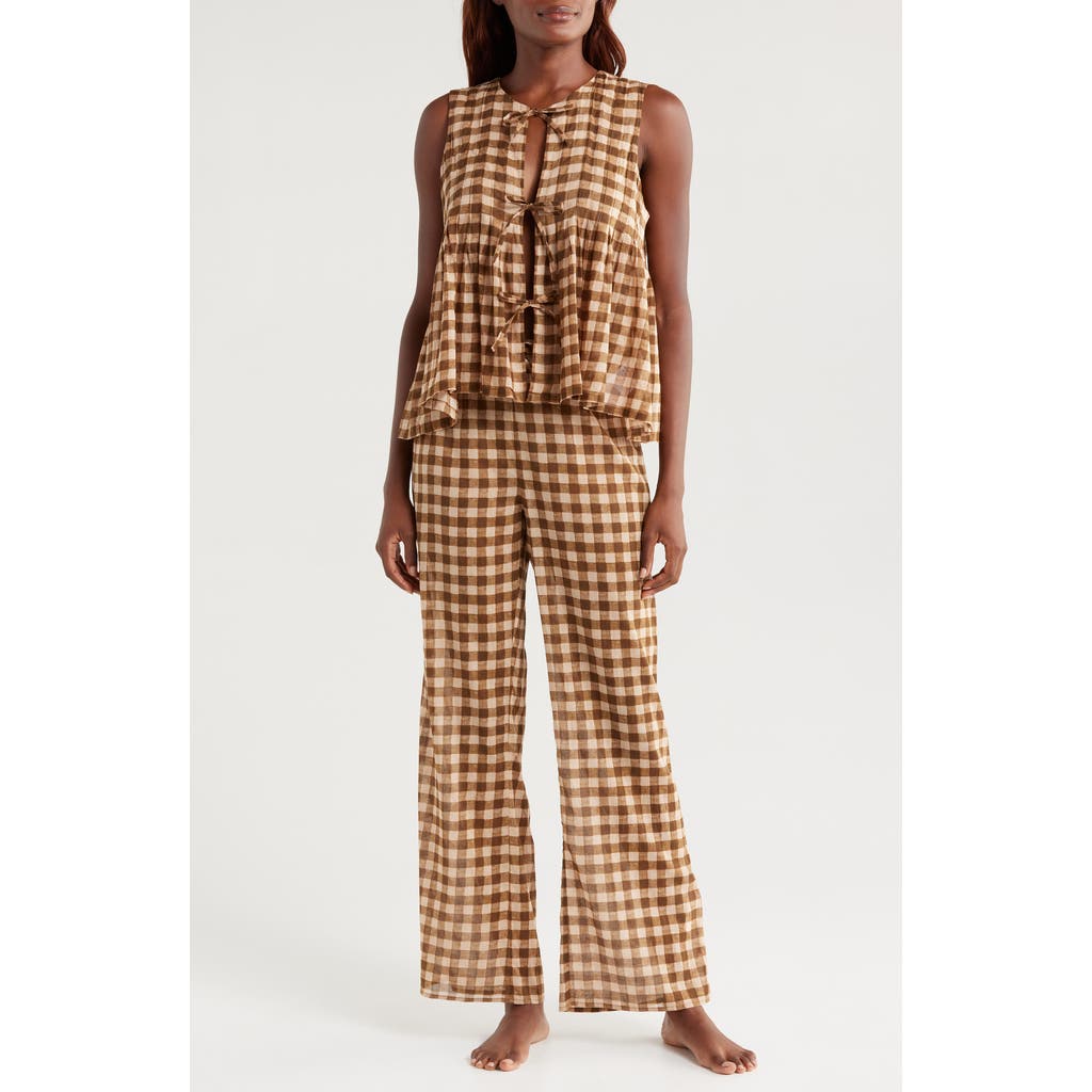Desmond & Dempsey Pleat Cotton Sleeveless Pajamas in Gingham 50's Voile Brown/cream