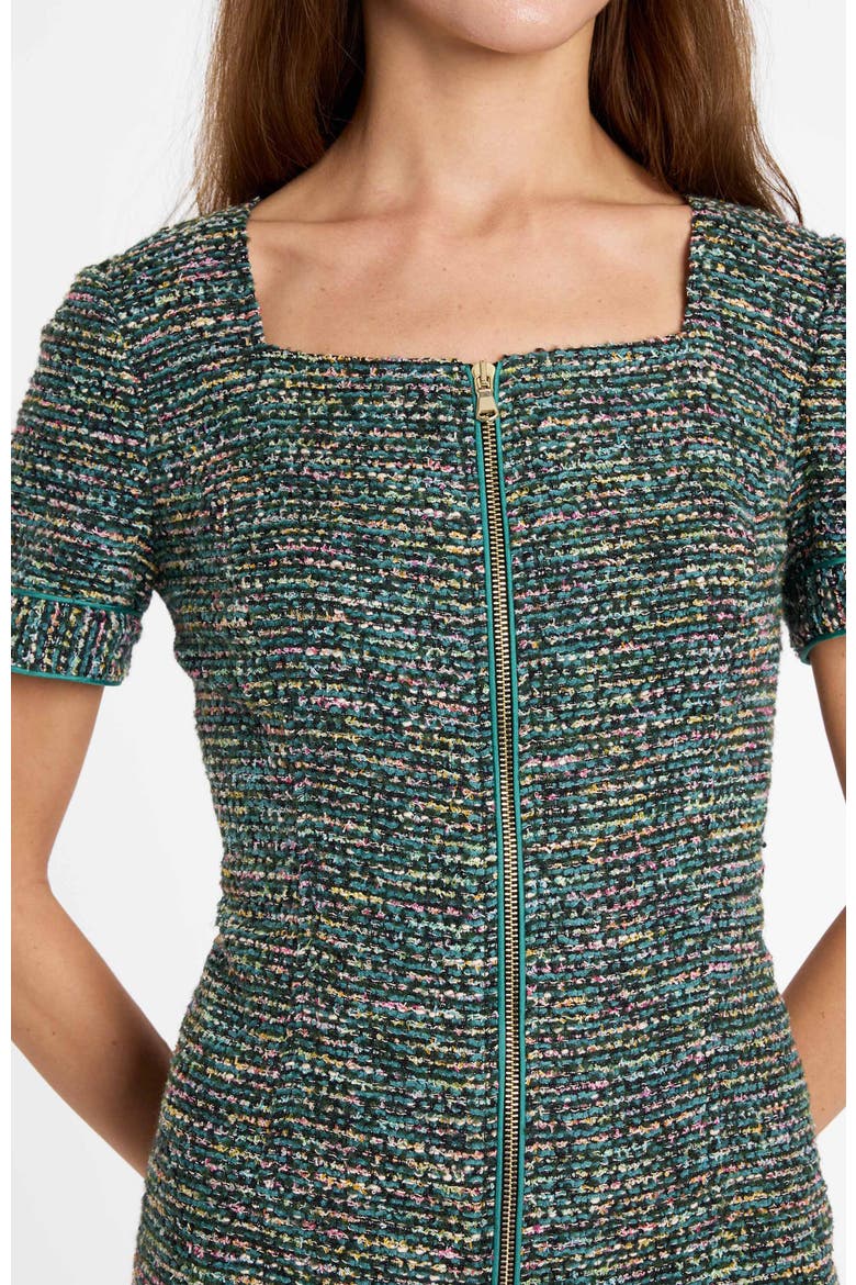 Bri Short Sleeve Zippered Tweed Dress, Alternate, color, Evergreen