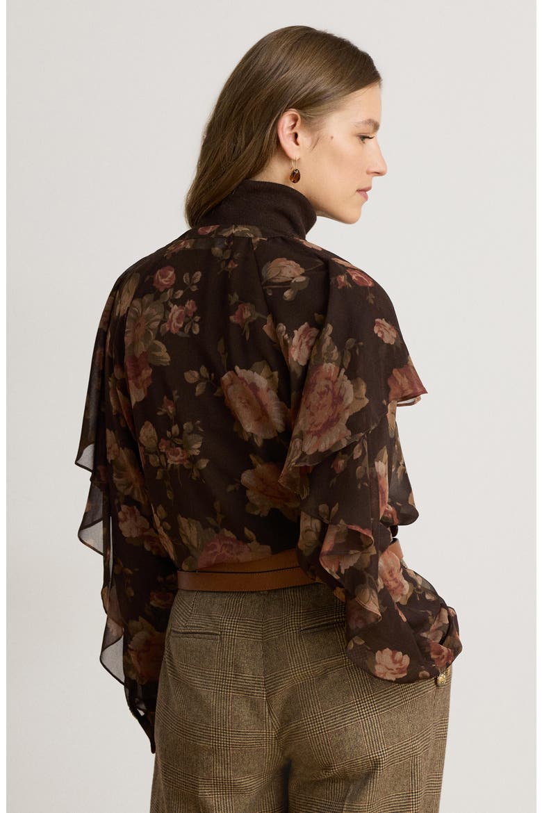 Floral Ruffle Trim Chiffon Top, Alternate, color, BROWN