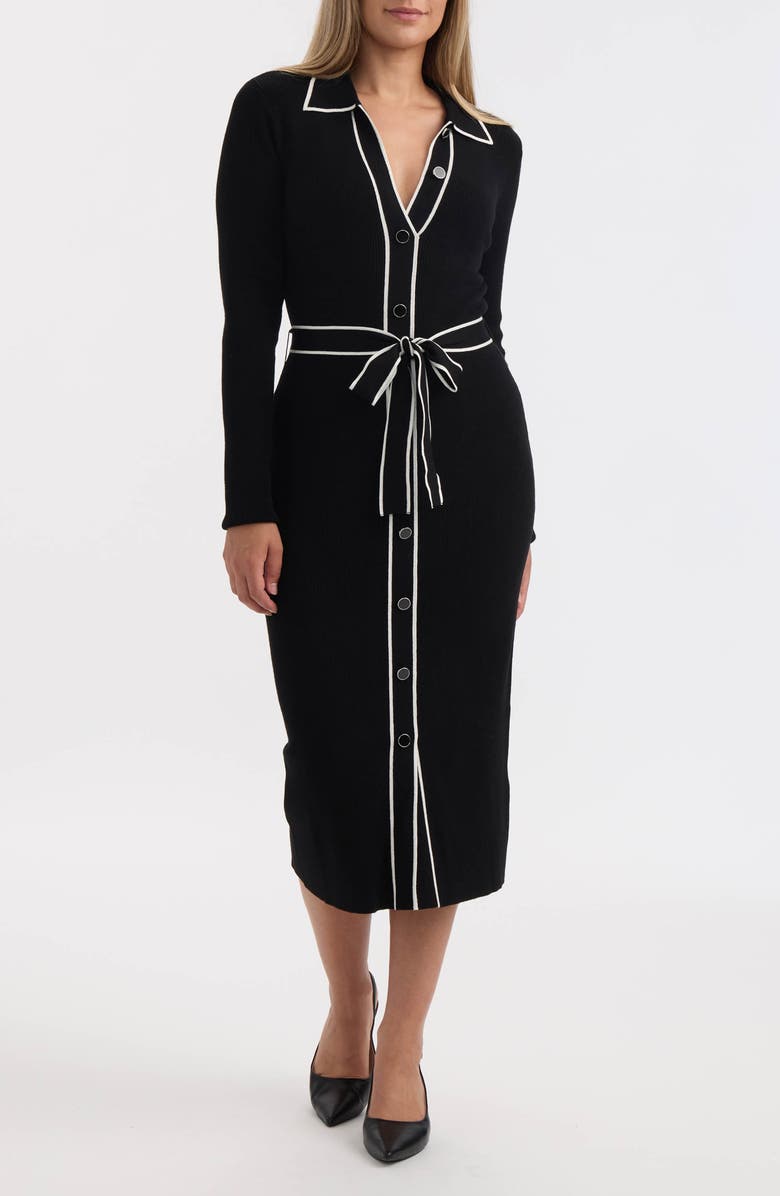 Ellen Tracy Tipped Long Sleeve Shirtdress, Main, color, Black
