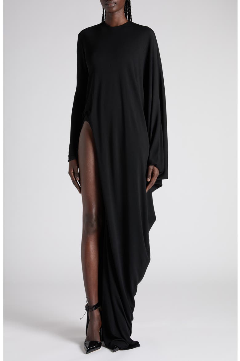 Cutout Draped Long Sleeve Jersey Gown, Main, color, LB999 BLACK