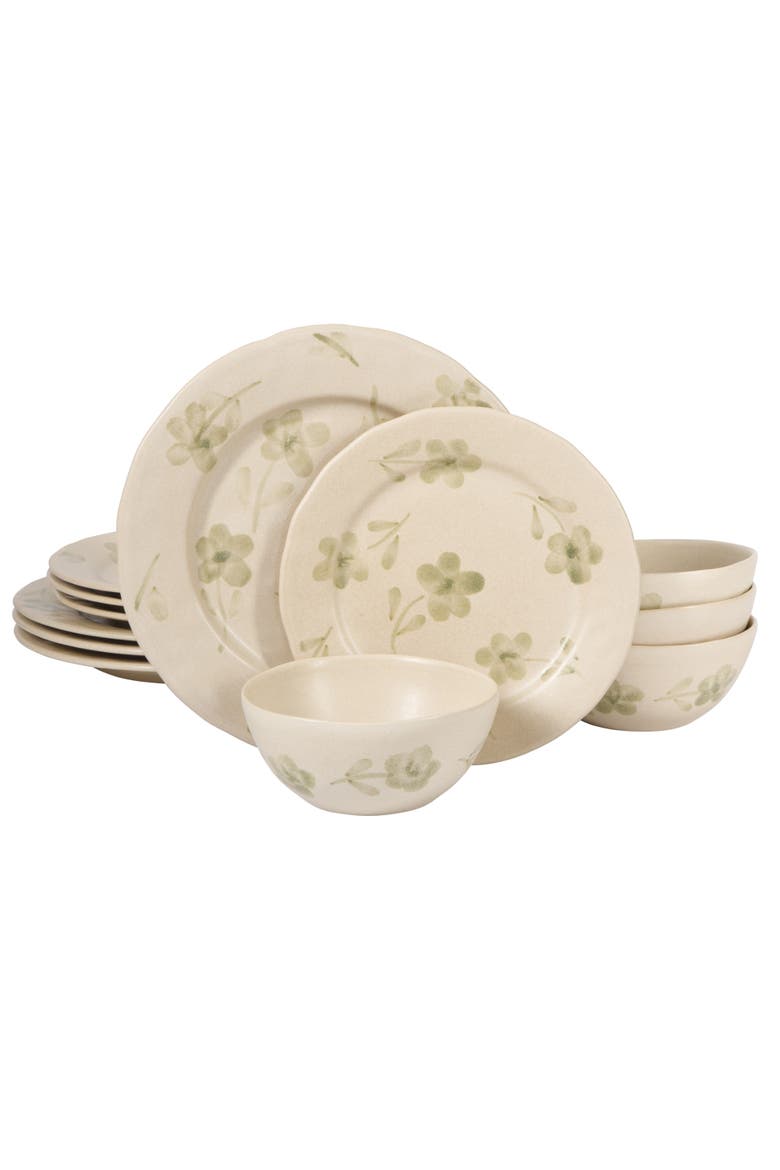 Porto Petals 12 Piece Plates and Bowls Hand Painted Floral Dinnerware Set, Main, color, Green Orchid