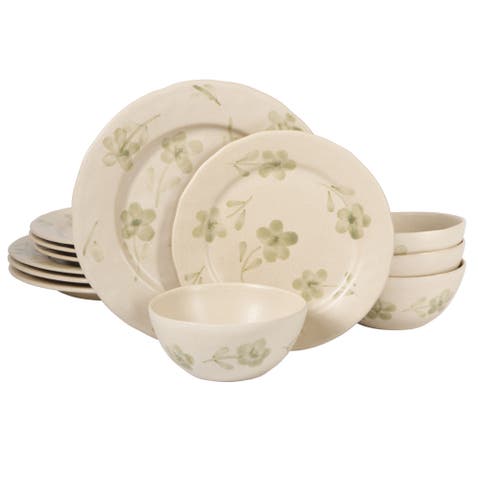 Porto Petals 12 Piece Plates and Bowls Hand Painted Floral Dinnerware Set