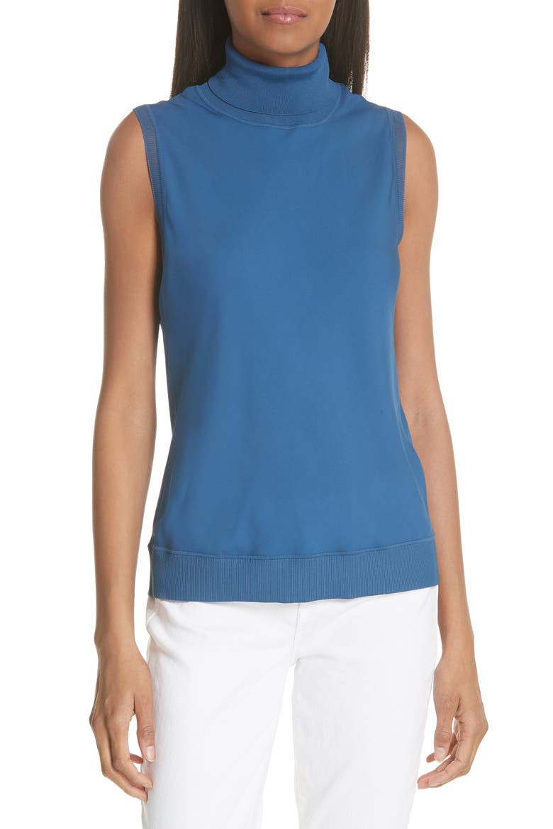 Sleeveless Turtleneck Silk Shell, Main, color, DEEP HERON