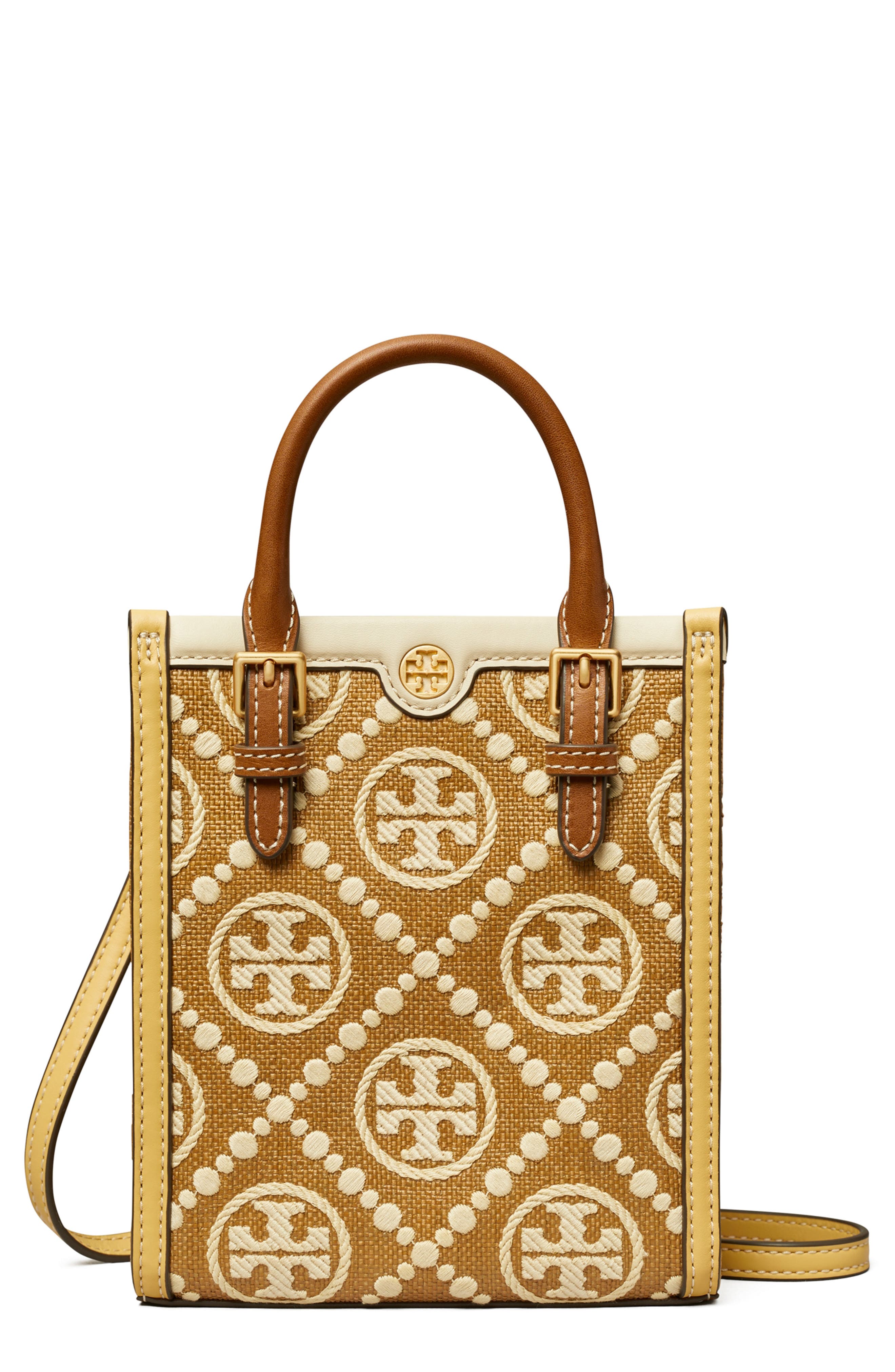 Tory Burch Mini T Monogram Embroidered Raffia Tote, Main, color, 