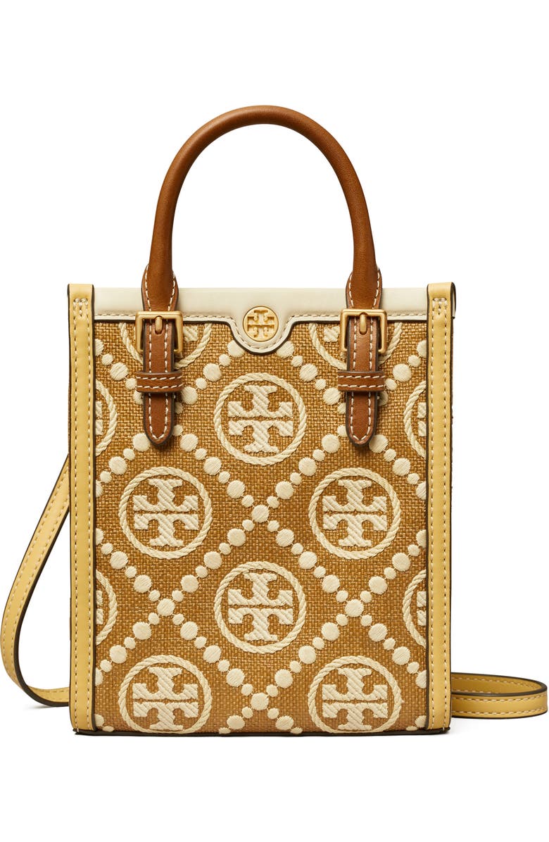 Tory Burch Mini T Monogram Embroidered Raffia Tote, Main, color,