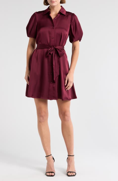 Puff Sleeve Satin Mini Shirtdress