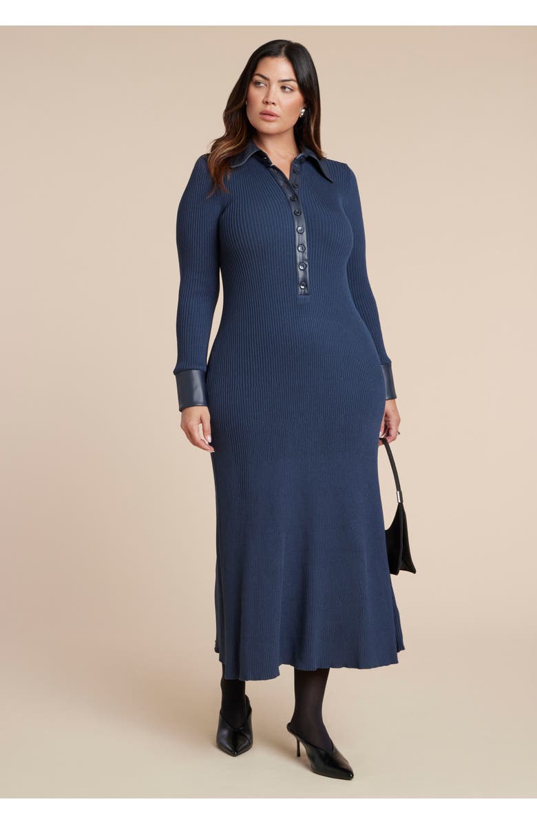 ELOQUII Faux Leather Detail Sweater Dress, Main, color, Navy