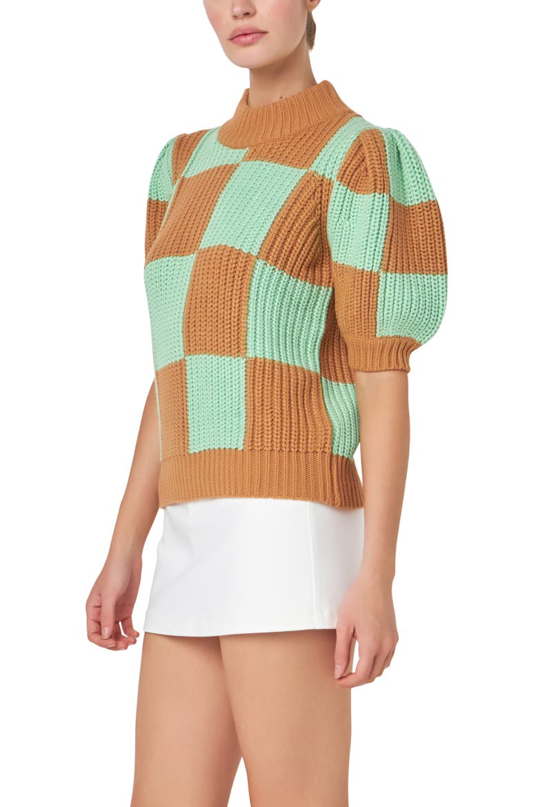 Check Pattern Short Sleeve Shaker Stitch Sweater, Alternate, color, BROWN GREEN