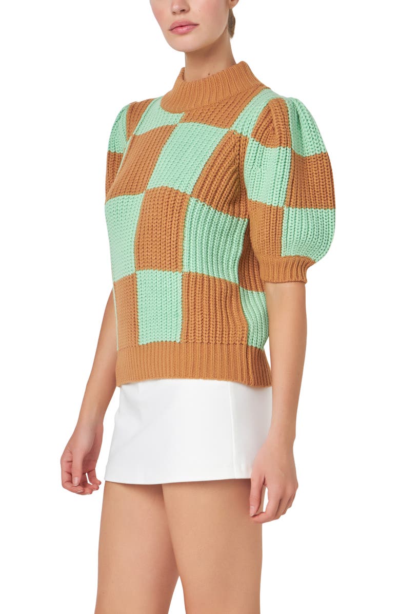 English Factory Check Pattern Short Sleeve Shaker Stitch Sweater, Alternate, color, Brown Green