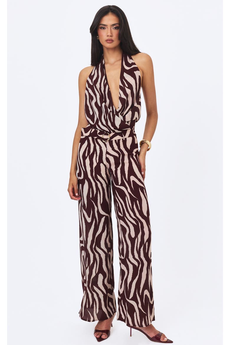 Ashlyn Abstract Zebra Print Belted Halter Jumpsuit, Alternate, color, Burgundy