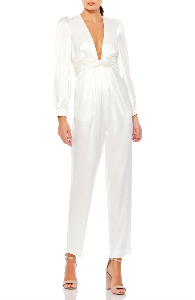 Mac Duggal Satin Charmeuse Long-Sleeve Jumpsuit with Plunging Neckline & Ruched Waist, Main, color, White