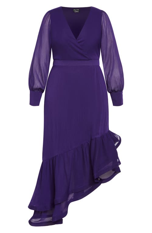 City Chic Antoinette Long Sleeve Asymmetric Midi Dress In Royal Purple