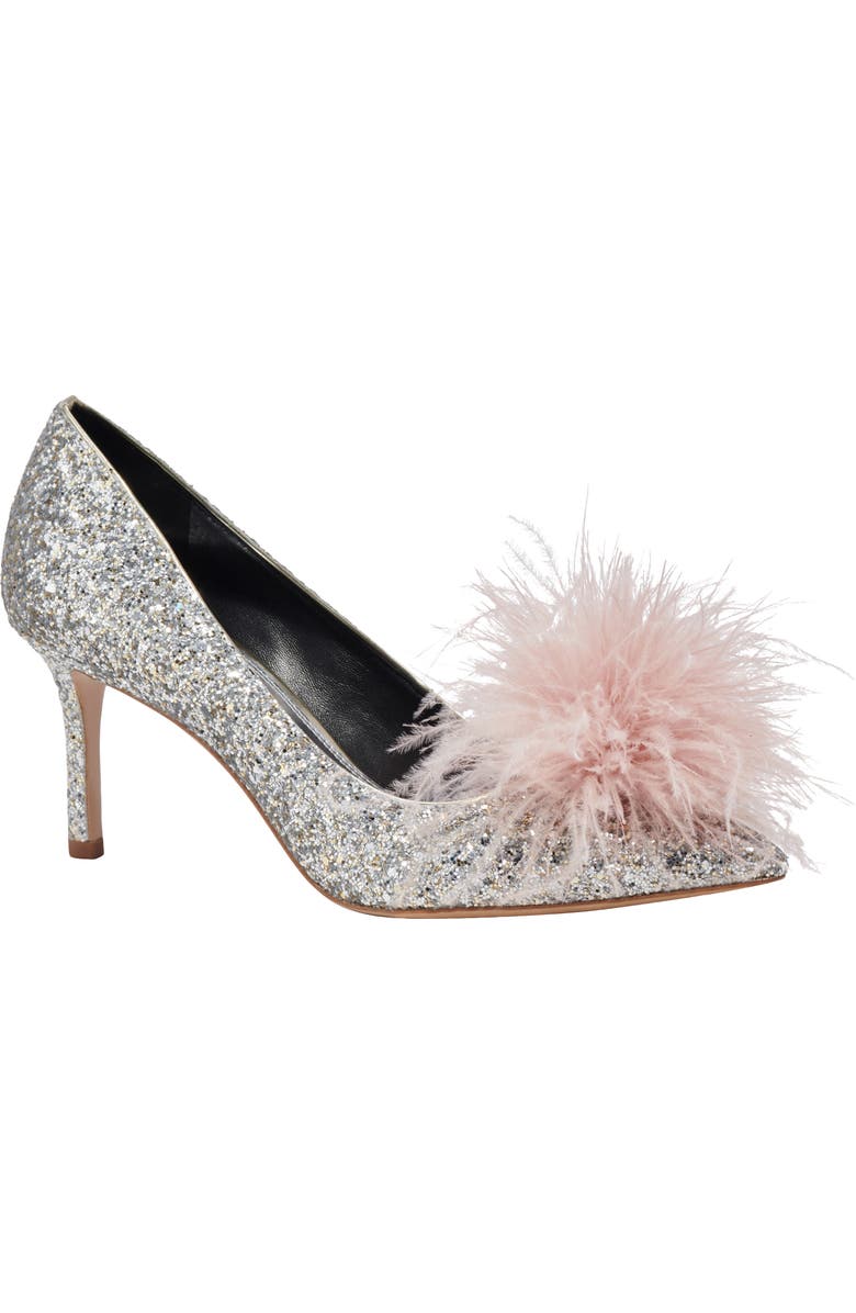 Kate Spade New York marabou pointed toe pump, Main, color, Gold/ Silver