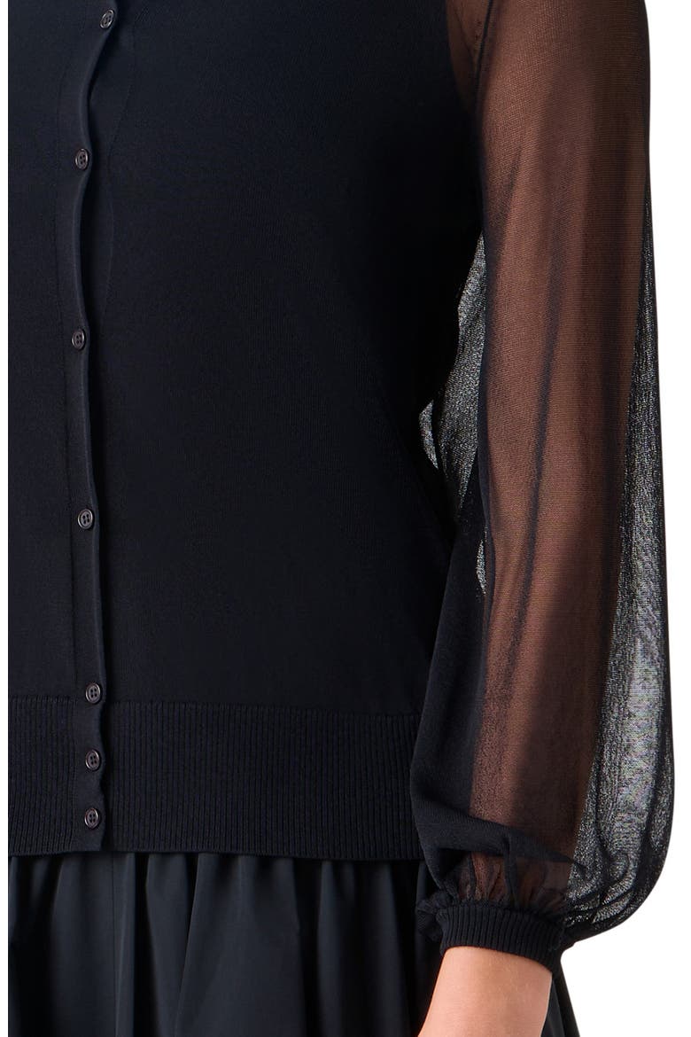 Sheer Bishop Sleeve Cardigan, Alternate, color, BLACK