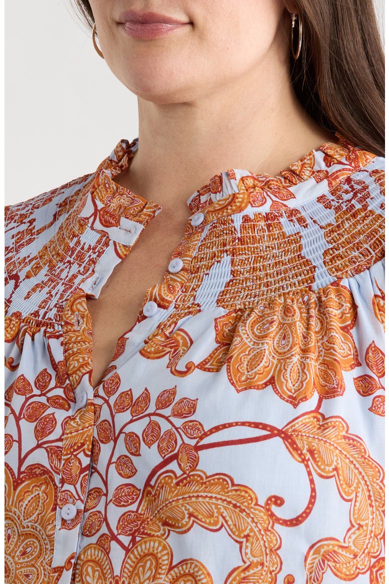 Siany Floral Debory Smocked Detail Button-Up Shirt, Alternate, color, BROWN-BLU