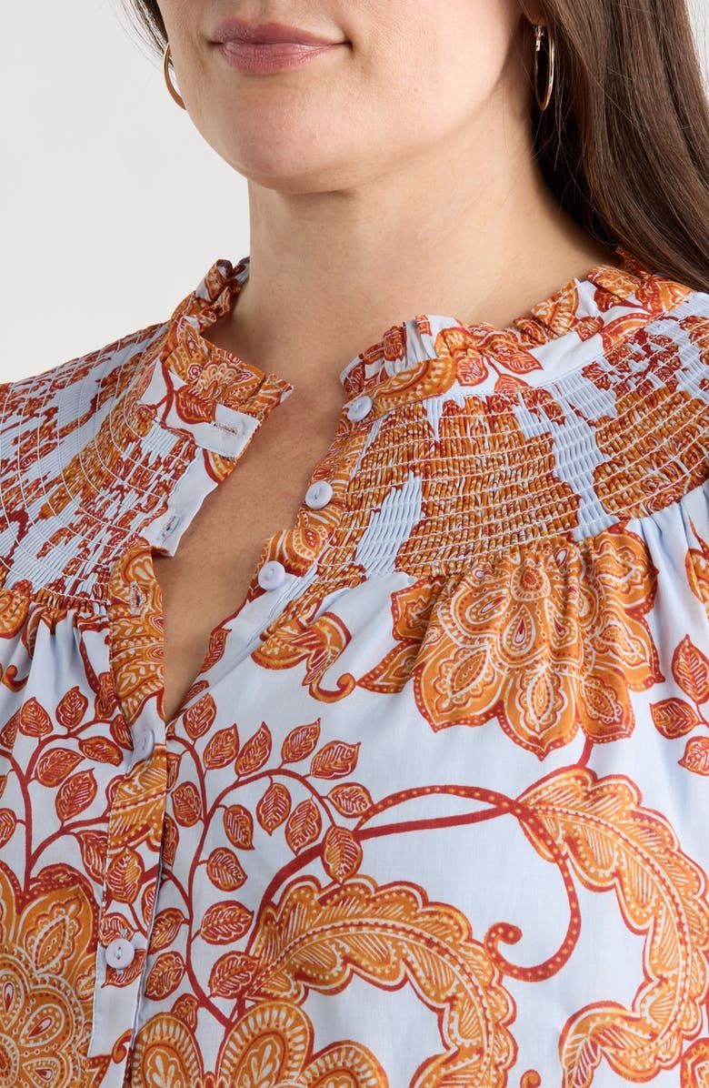 SUGARLIPS Siany Floral Debory Smocked Detail Button-Up Shirt, Alternate, color, Brown-Blu