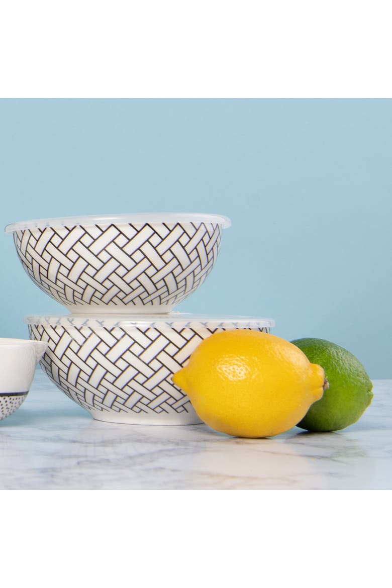 Lattice Pattern Bowls w/ Plastic Lid Set of 2 Ceramic White 25.7 oz, Alternate, color, White