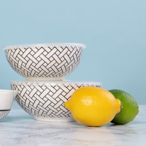 Totalee Gift Lattice Pattern Bowls W/ Plastic Lid Set Of 2 Ceramic White 25.7 oz In Gray